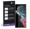 A product box with installation instructions for a screen protector next to a smartphone with the screen protector applied. Produktbild-Vorschau
