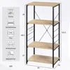 Product dimensions and suggested room placements for a shelving unit. Náhľad obrázku produktu