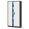 A gray metal filing cabinet with white doors and blue folders visible inside. Produktbild-Vorschau