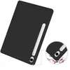 A black tablet case with a white accent is shown against a white background. A magnified inset shows the case protecting a tablet from impact. Produktbild-Vorschau
