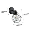 A black metal wall lamp with a cage-like shade and an Edison-style bulb is shown against a white background. Dimensions are indicated with dotted lines and text. Produktbild-Vorschau