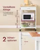 A kitchen cart with a microwave, pot, and bowls, with diagrams showing adjustable shelf height. Produktbild-Vorschau