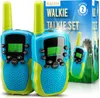 A product shot of a set of two blue and green walkie-talkies, with the product packaging in the background. Produktbild-Vorschau