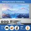 A projector is shown projecting an image of a snowy mountain landscape onto a screen. Below the projector, various connection icons and devices are displayed, illustrating its connectivity options. Produktbild-Vorschau