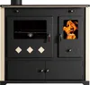 A front view of a beige and black wood-burning stove with an oven and a glass door showing flames. Produktbild-Vorschau