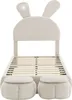 A beige upholstered children's bed with rabbit ear detailing on the headboard and two matching stools. Produktbild-Vorschau
