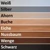 A collection of horizontal color swatches with German text labels. Produktbild-Vorschau