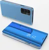 A blue smartphone with a clear view flip case is shown, with the phone itself in the background and the case in the foreground. Produktbild-Vorschau