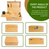 A collage of images showing a wooden storage box from different angles, with text overlay describing the product. Produktbild-Vorschau