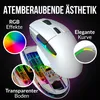 A white gaming mouse with RGB lighting is shown against a dark background, with callouts highlighting its features. Produktbild-Vorschau