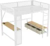 A white metal loft bed with a desk and storage drawers underneath. Voir les images du produit