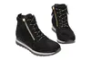 A pair of black suede high-top sneakers with gold zippers and black and white laces, shown against a white background. Produktbild-Vorschau