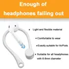 A white ear hook accessory for headphones is shown next to a list of its features. Produktbild-Vorschau