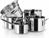 A set of stainless steel pots and a colander are arranged on a white background. Produktbild-Vorschau