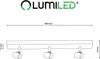 A technical drawing of a black ceiling light with three adjustable spotlights, showing dimensions. Náhľad obrázku produktu