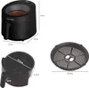 A collage of images showing a black air fryer and its accessories, with dimensions indicated by lines and text. Produktbild-Vorschau