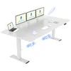 A white adjustable standing desk with multiple monitors, a laptop, and a coffee cup. Blue wireframe graphics illustrate the desk's mechanical components and screen displays. Produktbild-Vorschau