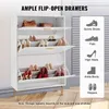 A white shoe cabinet with multiple flip-open drawers, displaying various types of shoes and bags. Icons and text on the right illustrate different shoe types. Náhľad obrázku produktu