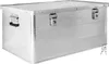 A silver aluminum transport box with two latches and a handle. Voir les images du produit