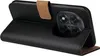 A black flip case for a smartphone is shown open, revealing the phone's camera module. Produktbild-Vorschau