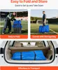 Collage showing a portable bench being folded, carried in a bag, and transported in a car. Náhled obrázku produktu