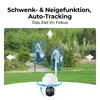 A security camera is shown in the foreground, with two people watering plants in the background. Arrows indicate the camera's pan and tilt capabilities. Produktbild-Vorschau