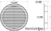 Technical drawing of a round vent grille with dimensions and a logo. Produktbild-Vorschau