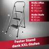 A diagram of a three-step ladder with dimensions and feature callouts, set against a gradient background. Produktbild-Vorschau