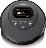 A black Lenco CD player with a screen displaying radio information. Produktbild-Vorschau