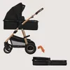 A black and gold stroller is shown in two configurations: assembled and folded. Produktbild-Vorschau