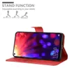 A red phone case is shown open with a phone inside, displaying its screen. Above the phone case, there are illustrations demonstrating the stand function of the case. Náhľad obrázku produktu