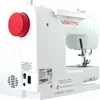 A white sewing machine with red accents, shown from a side-angle. Produktbild-Vorschau