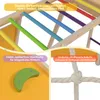 Close-up of a wooden climbing frame with colorful rungs and text overlays highlighting features. Podgląd zdjęcia produktu