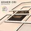 A close-up of a modern geometric LED ceiling light with crystal accents, featuring text highlighting its high CRI. Voir les images du produit