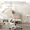 A beige ergonomic office chair with a footrest, shown in a room with a desk and cabinet in the background. The image highlights the chair's reclining feature with angle indicators. Produktbild-Vorschau