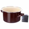 A brown enamel pot with a white interior and silver rim, shown on a white background with a product tag. Voir les images du produit
