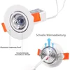 A collage of two images showing a recessed LED spotlight, with one image highlighting its features and the other illustrating heat dissipation. Produktbild-Vorschau