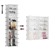 A modular shoe rack with multiple compartments, shown in two configurations: a tall, narrow unit and a wider, shorter unit. A hammer is also shown next to the tall unit. Produktbild-Vorschau