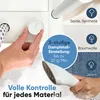 A hand is shown adjusting a dial on a white steam iron, with fabric swatches and text overlays indicating different fabric types and steam settings. Náhled obrázku produktu
