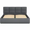 A studio shot of a dark gray upholstered bed frame with a slatted wooden base, presented against a white background. Produktbild-Vorschau