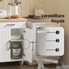 A kitchen cart with its doors open, showing storage space and appliances. An inset highlights adjustable shelf positions. Podgląd zdjęcia produktu