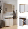 A bathroom vanity with a sink and cabinet, shown in a staged setting and as separate product shots. Produktbild-Vorschau
