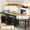 A kitchen island with various storage compartments and a countertop, presented with descriptive text overlays highlighting its features. Voir les images du produit