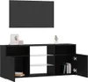 A black TV cabinet with a wall-mounted shelf above it, set against a white background. Anteprima dell’immagine prodotto