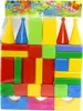 A collection of colorful building blocks and cone-shaped pieces arranged in a castle-like structure, all enclosed in clear plastic packaging. Podgląd zdjęcia produktu