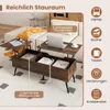 A modern lift-top coffee table with storage, displayed in a living room setting with a couch and rug. The image includes overlaid text and icons highlighting product features. Voir les images du produit