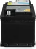 A black car battery with labels on top. Produktbild-Vorschau