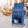 A blue tool cart is shown in a workshop with cars and people in the background. Náhled obrázku produktu