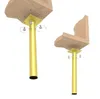 Two wooden furniture pieces are shown attached to gold metal legs, with screws and arrows indicating assembly. Produktbild-Vorschau