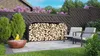 A backyard patio scene with a fire pit, chairs, and a firewood rack. Produktbild-Vorschau